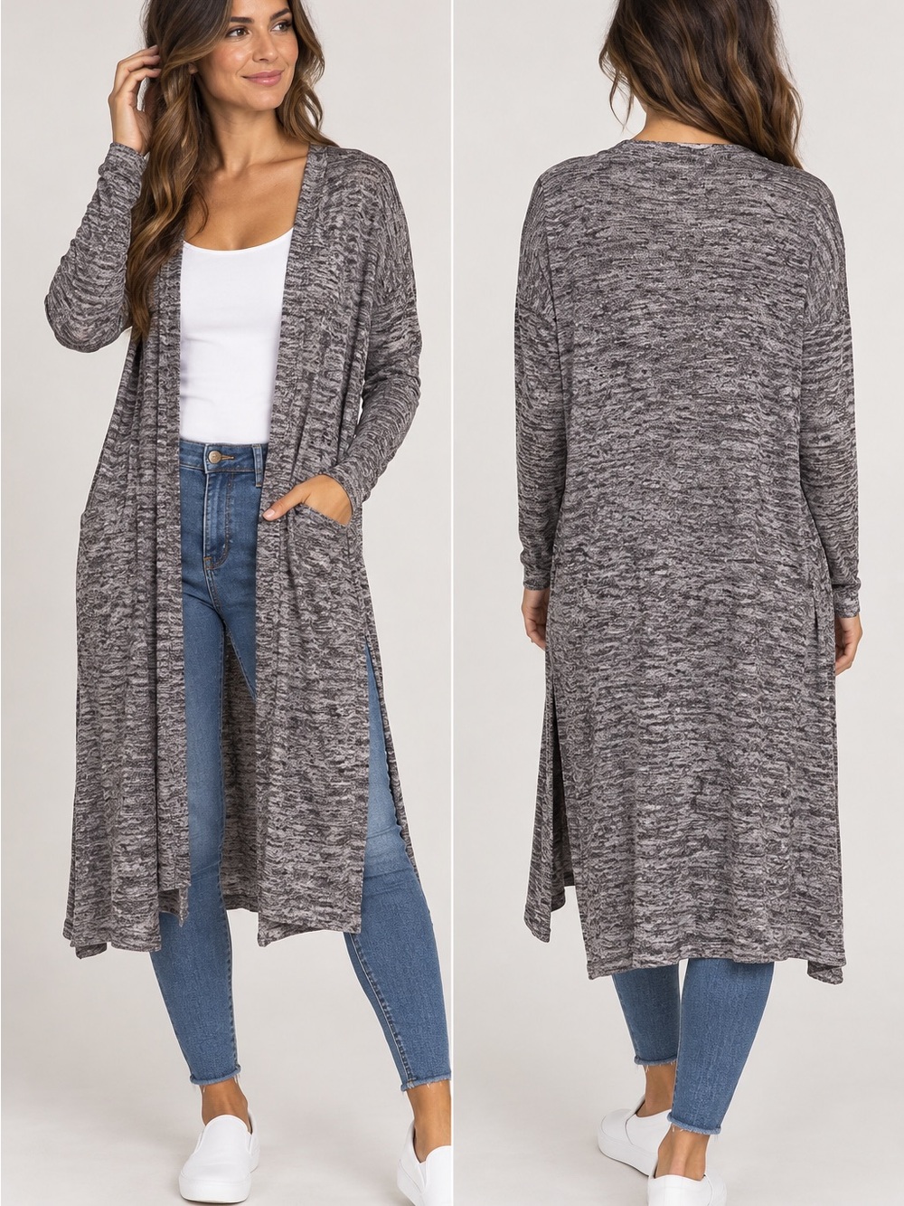 Persaya Gray Marled Long Open Front Cardigan Size Large
